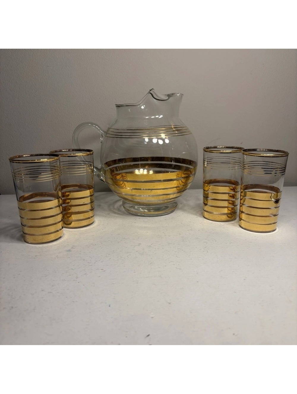 Vintage MacBeth Evans Sovereign Glass Ball Pitcher Tumblers Regency Gold Ribbon